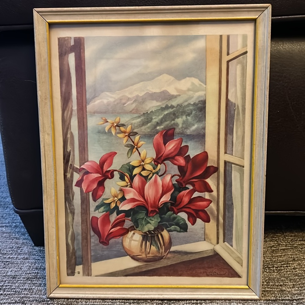 SOLD- Vintage Framed lithograph titled "Flowers in a Vase" by S.J. Bende